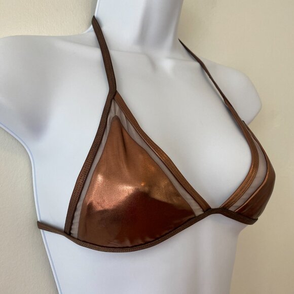 Lovers & Friends Metallic Triangle Halter Tie Bikini Top Small Copper Bronze - Picture 3 of 5